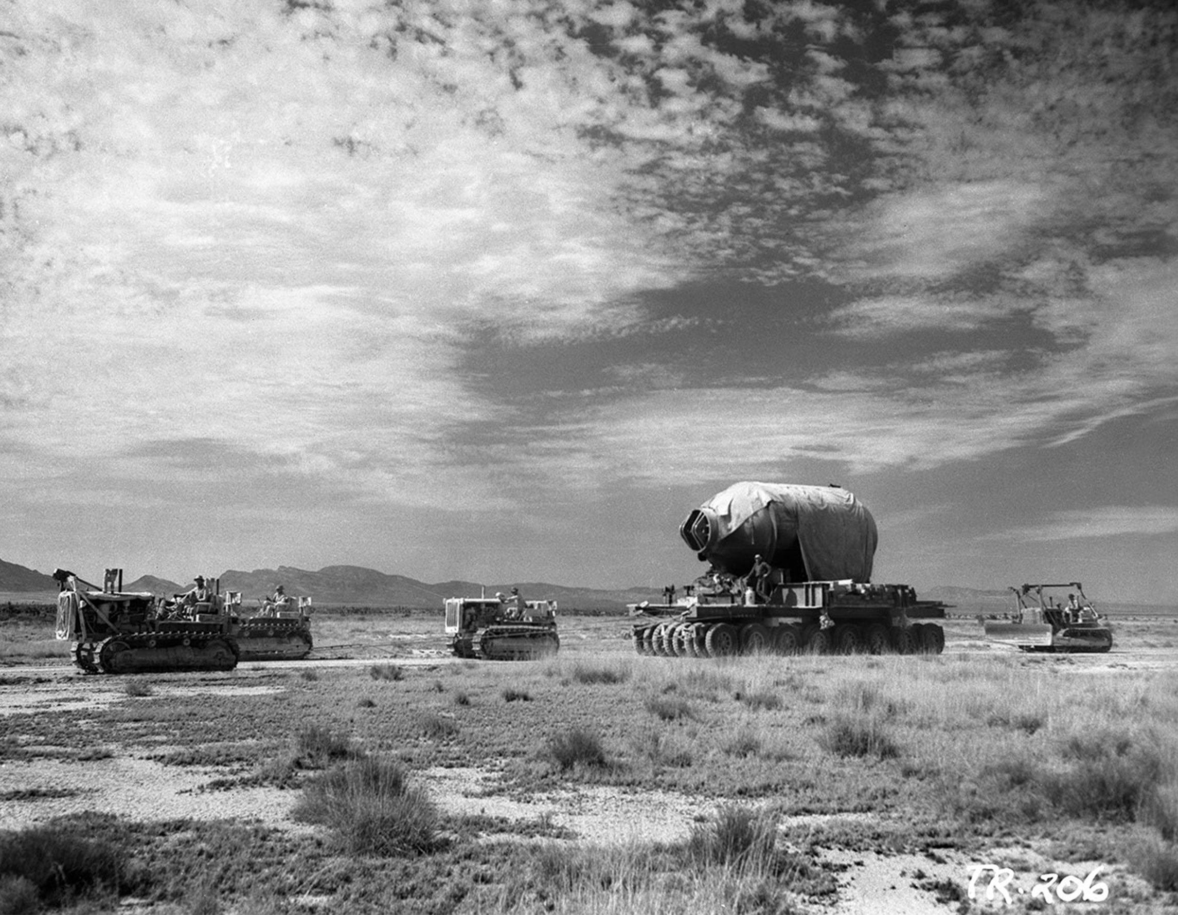 Historic photo of transporting the nuclear bomb at Los Alamos