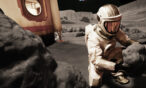 Rendering of astronaut collecting moon rock samples