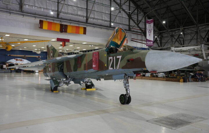 A Soviet aircraft sits in a hangar