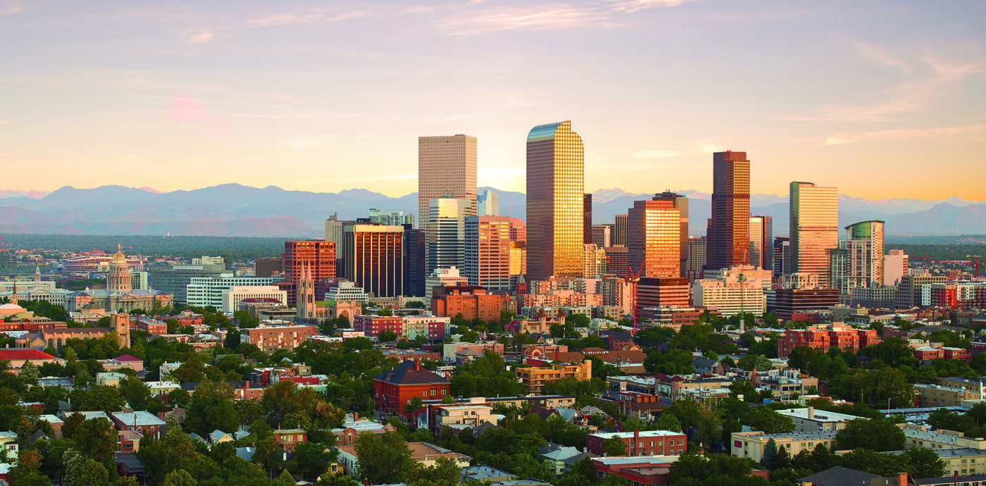 Skyline of Denver during sunset.