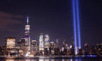 Skyline of New York City with light tributes to 9/11