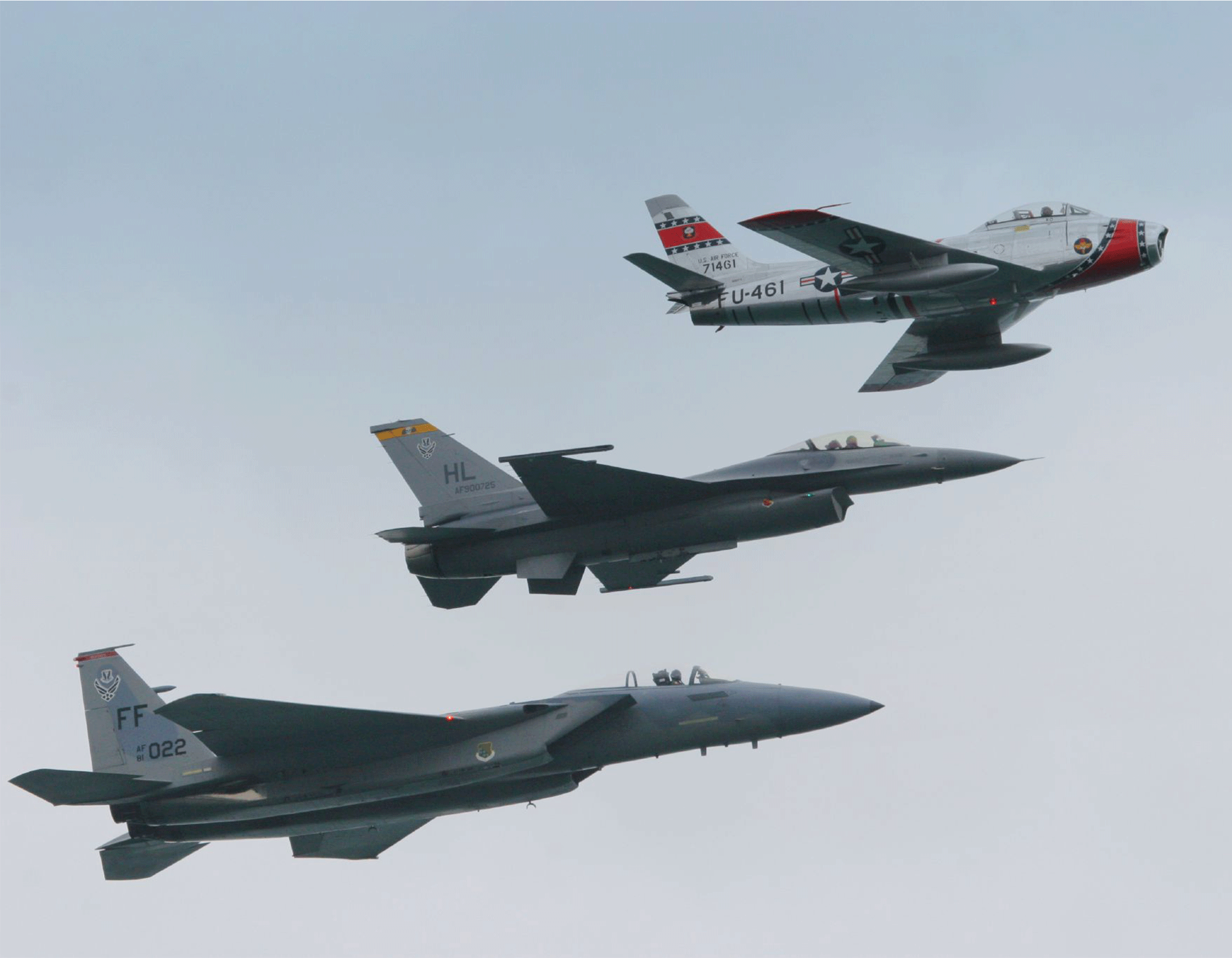 F-15, F-16 and F-86 in flight