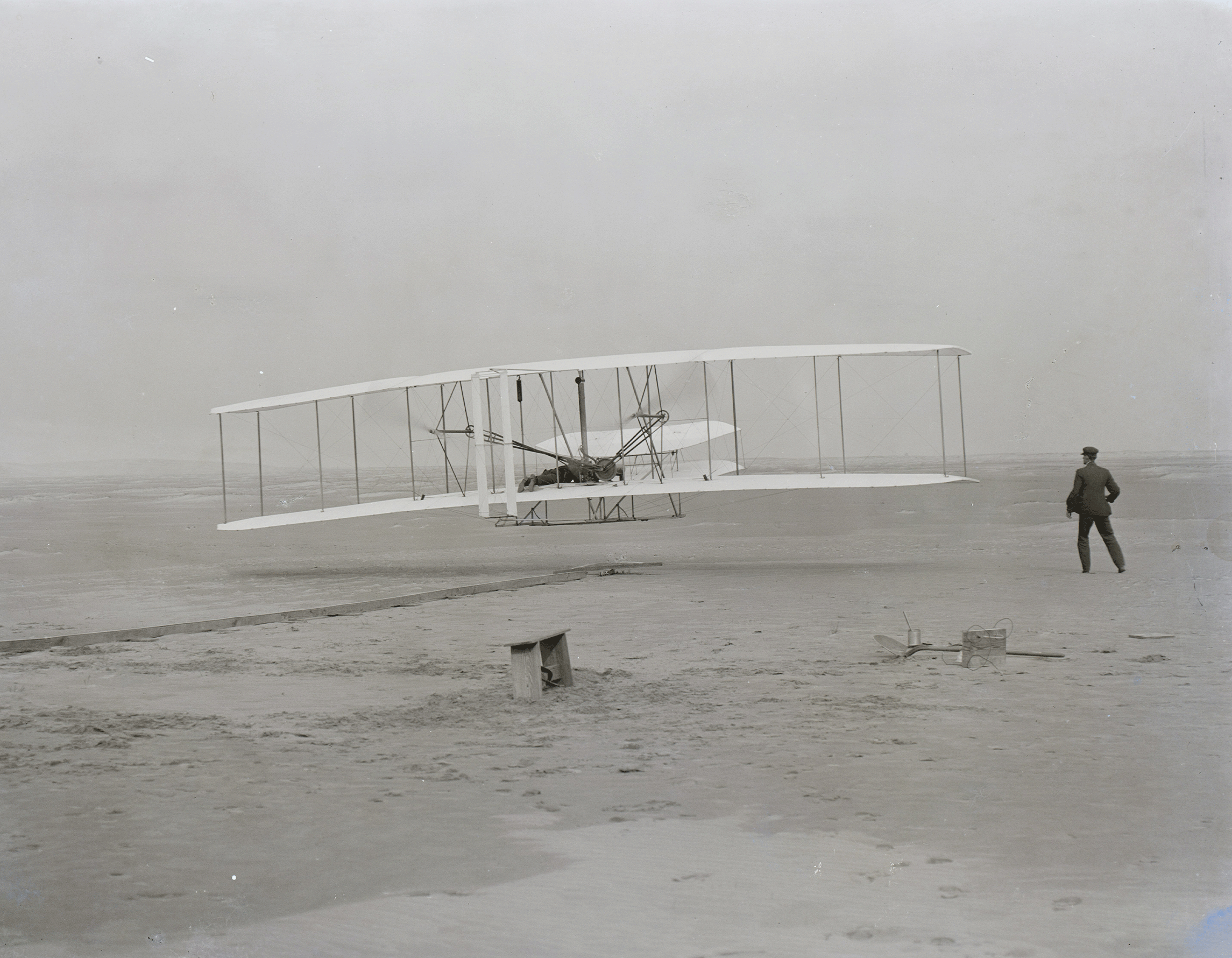 Historic photo of the Wright Flyer at Kitty Hawk