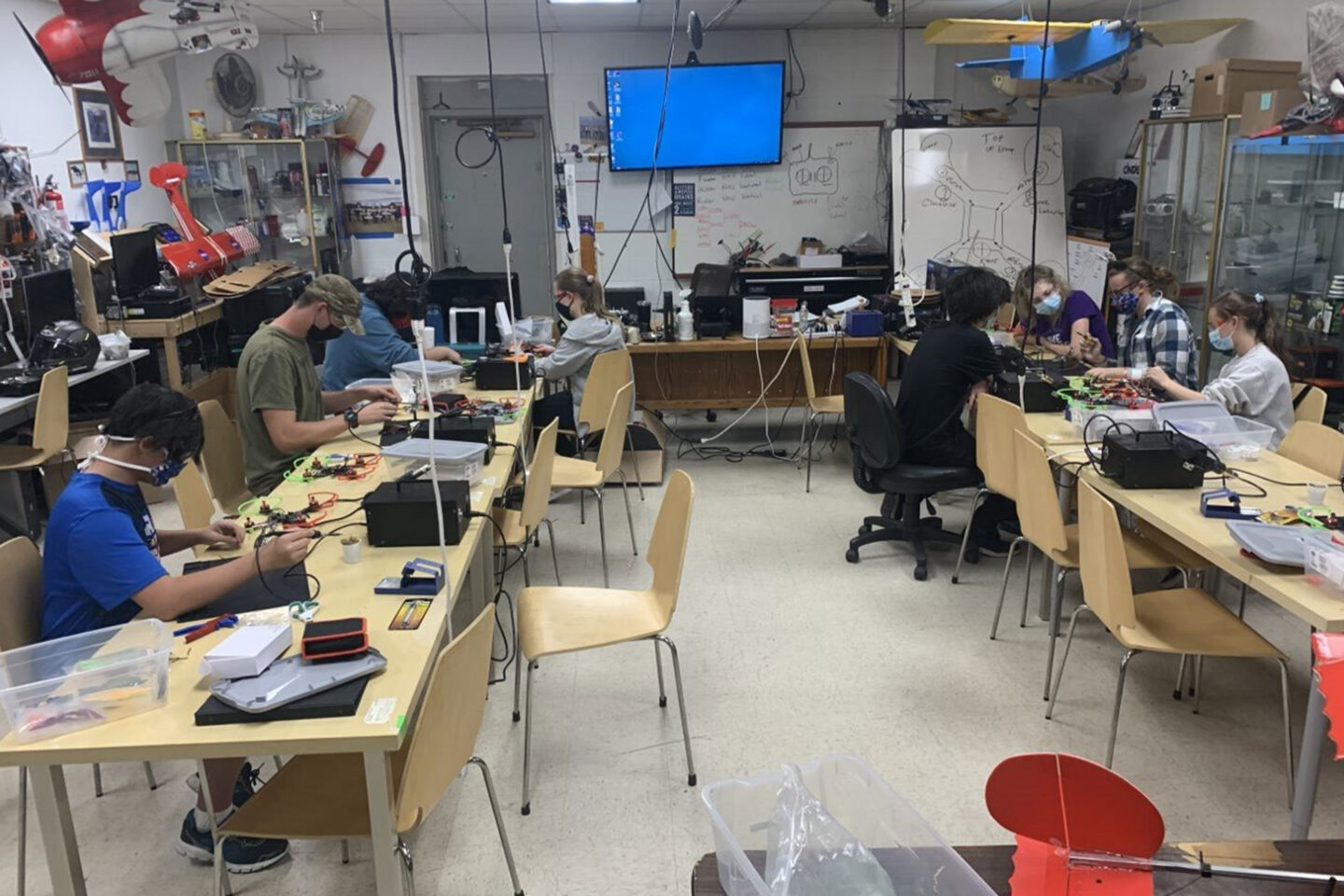 Drone students working in a classroom