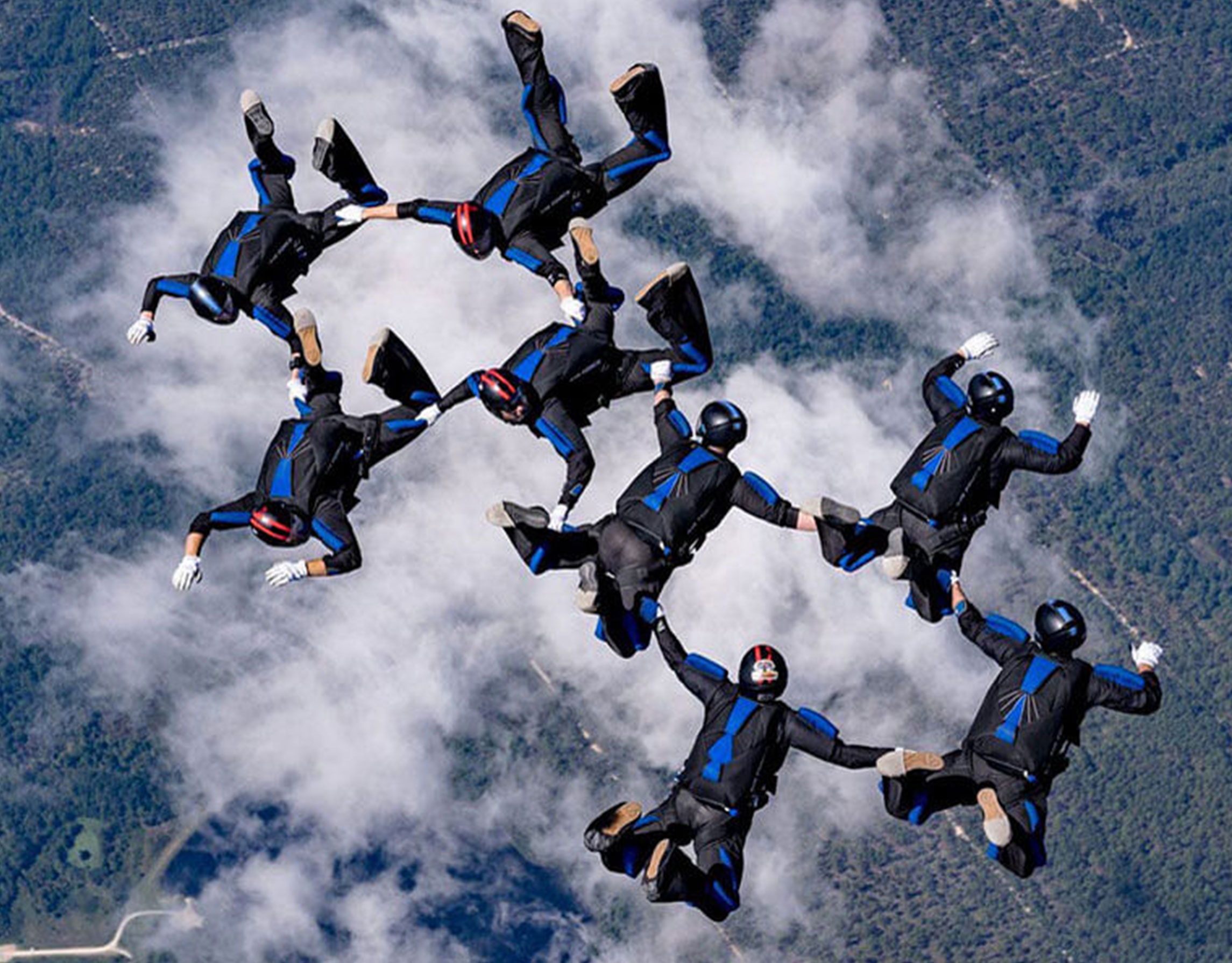 US Air Force parachute jump team in the air